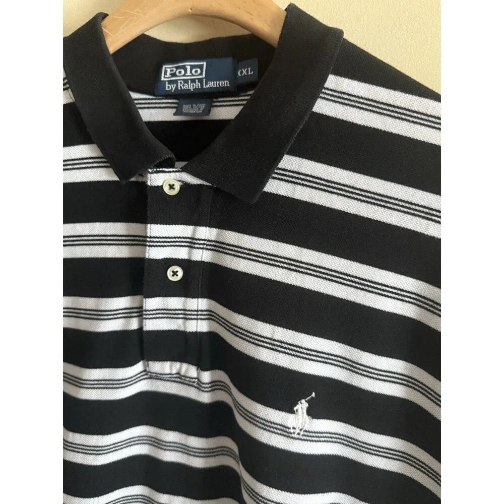 Vintage 90s Ralph Lauren Mens XXL‎ Striped Pique Cotton Golf Polo Shirt Black